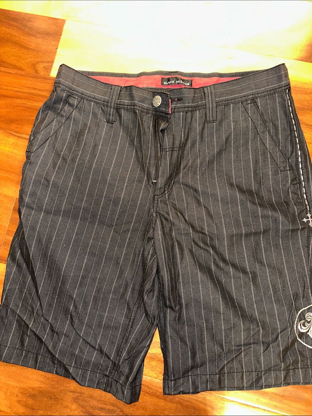 Affliction Black Pinstripe Flat Front Shorts with Subtle White Stripe